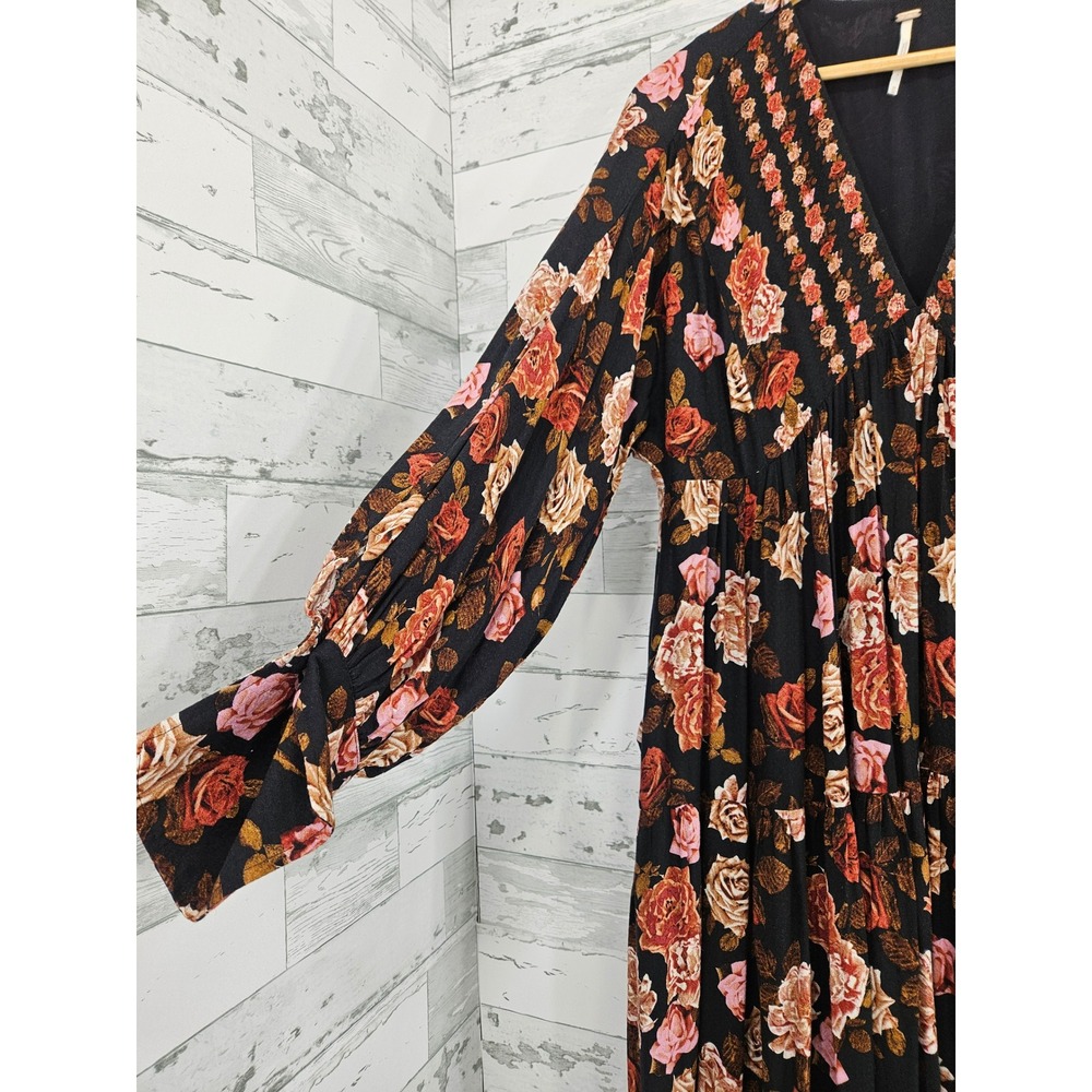 Free People Floral Tiered Maxi Dress Black Rose Boho V-Neck Long Sleeve Medium - Picture 2 of 7